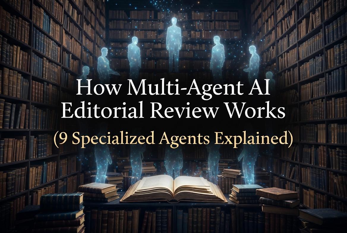 How Multi-Agent AI Editorial Review Works — 9 glowing editorial specialist agents in a library