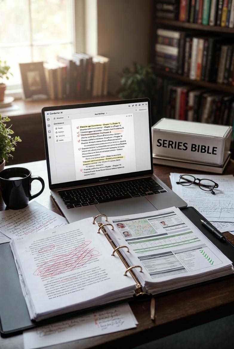 A writer's desk with a series bible binder, manuscript notes, and a laptop showing editorial feedback